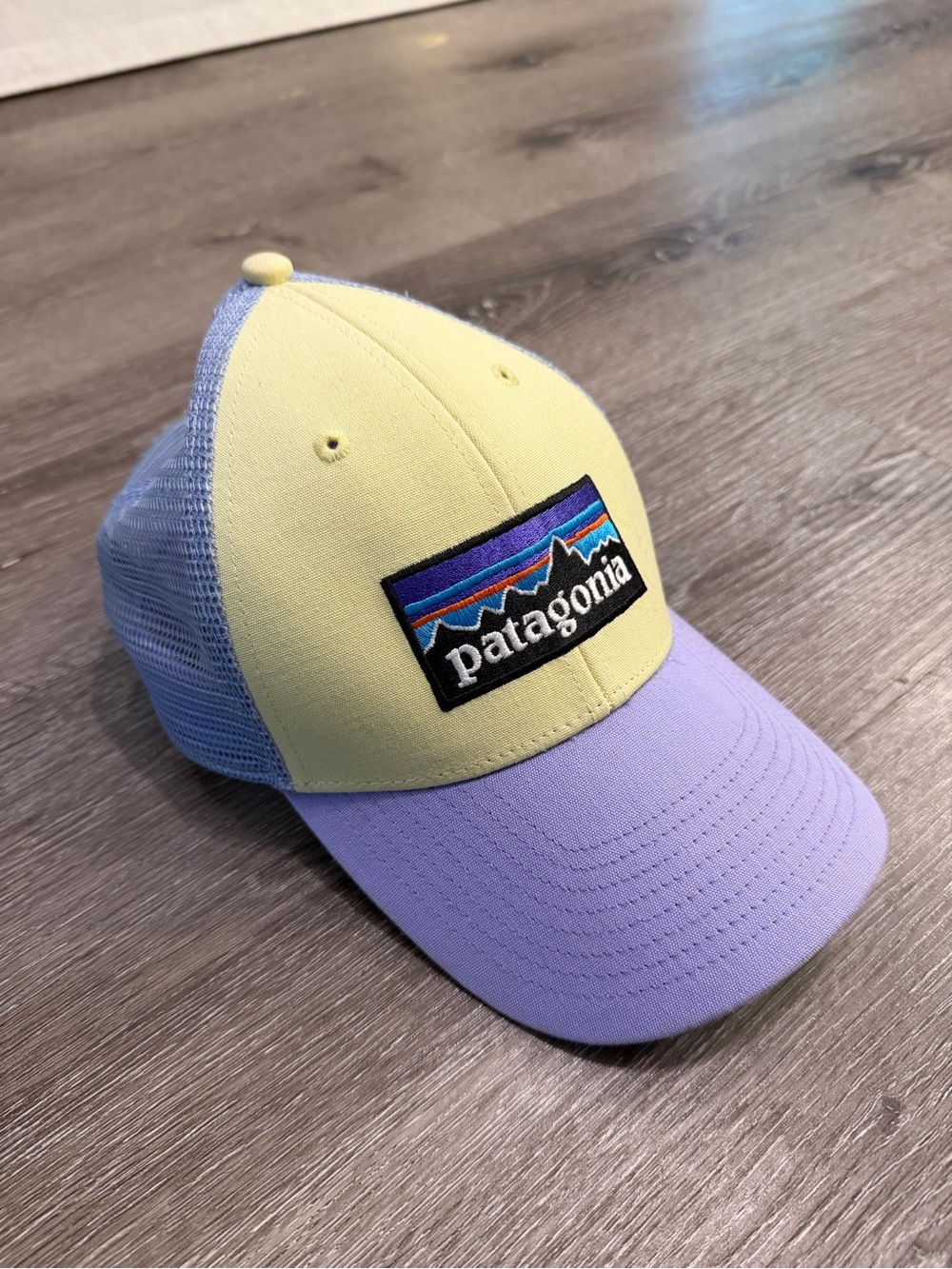 Patagonia Yellow Front Lavender Brim Trucker Hat Womens one size